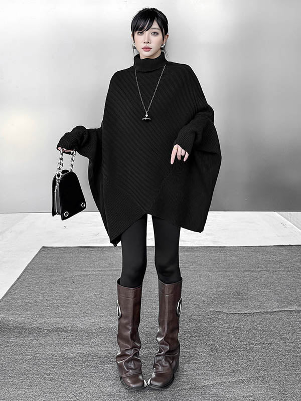 Asymmetric Ribbed Knit Solid Color Split-Joint Batwing Sleeves Irregularity High Neck Sweater Tops
