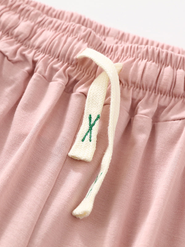 Drawstring Elasticity Pleated Solid Color Loose Sleeveless Round-neck Pajama Sets