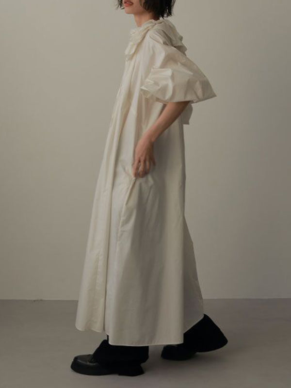 Pleated Solid Color Split-Joint Tiered Loose Puff Sleeves V-Neck Midi Dresses