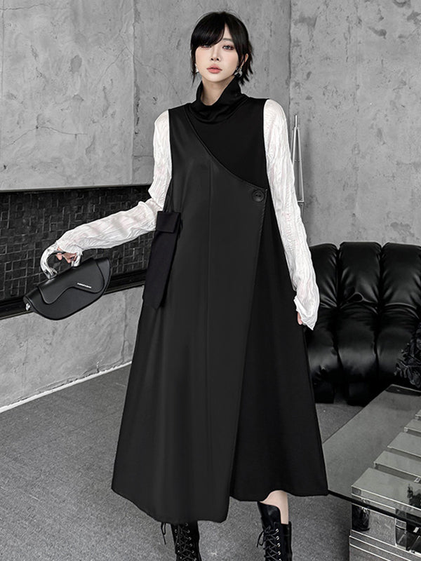 Asymmetric Buttoned Solid Color Split-Joint Irregularity Loose High Neck Midi Dresses