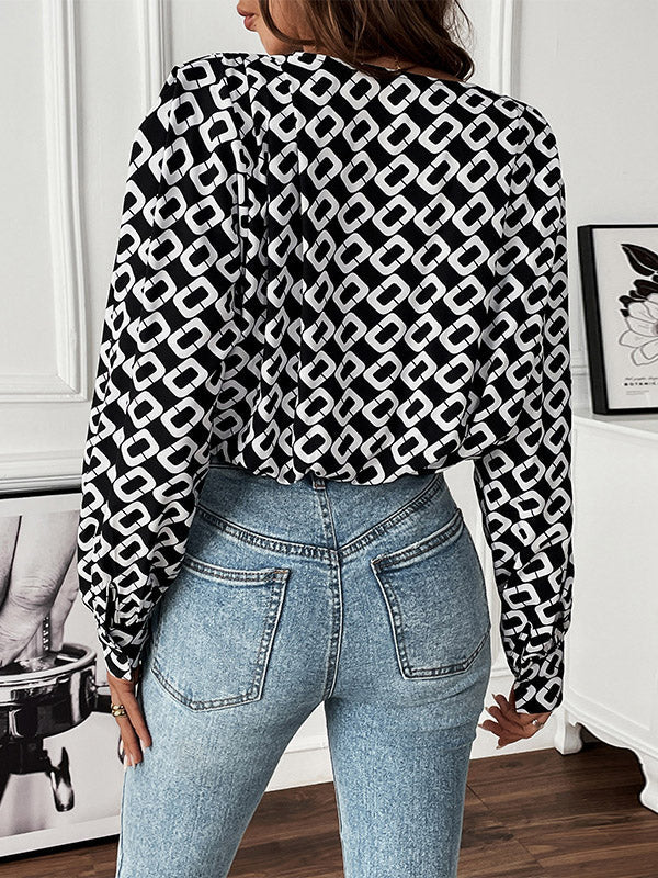 Printed Long Sleeves Loose V-Neck Bodysuits