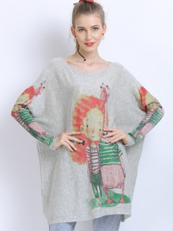 Urban Loose Batwing Sleeves Cartoon Printed Pullover