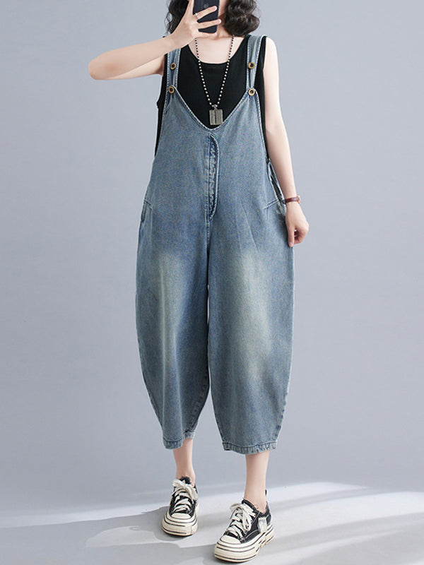 Buttoned Cropped Loose Denim Overalls