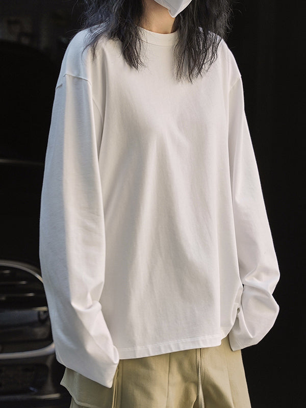 Casual Long Sleeves Loose Solid Color Round-Neck T-Shirts Tops