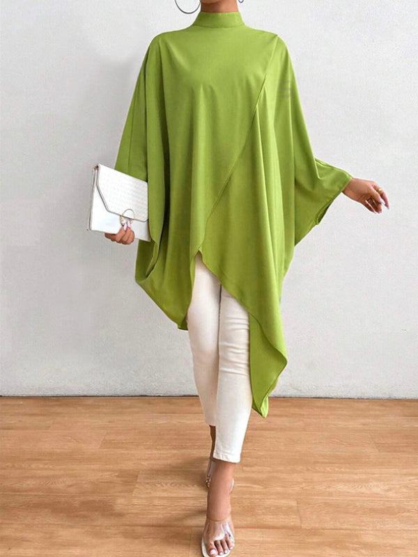 Asymmetric Solid Color Split-Joint Batwing Sleeves Loose High Neck Shirts Tops