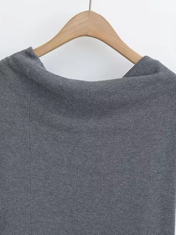 Pleated Solid Color Split-Joint Long Sleeves Skinny Off-the-shoulder Pullovers Knitwear