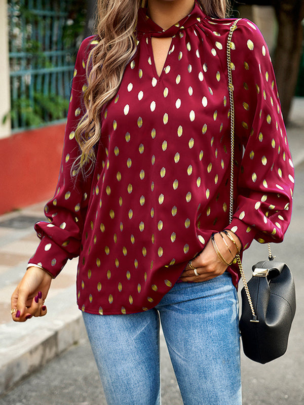 Bronzing Hollow Long Sleeves Loose Mock Neck Blouses&Shirts Tops