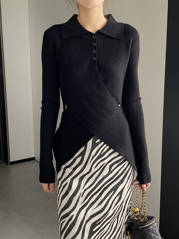 Asymmetric Buttoned Hollow Long Sleeves Skinny Lapel Sweater Pullovers Knitwear