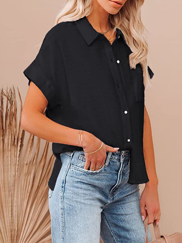 Pleated Loose Short Sleeves Lapel Blouses&Shirts Tops