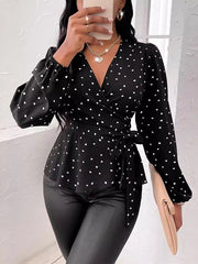 Heart Print Tied Waist Long Sleeves Puff Sleeves Deep V-Neck Blouses&shirts Tops