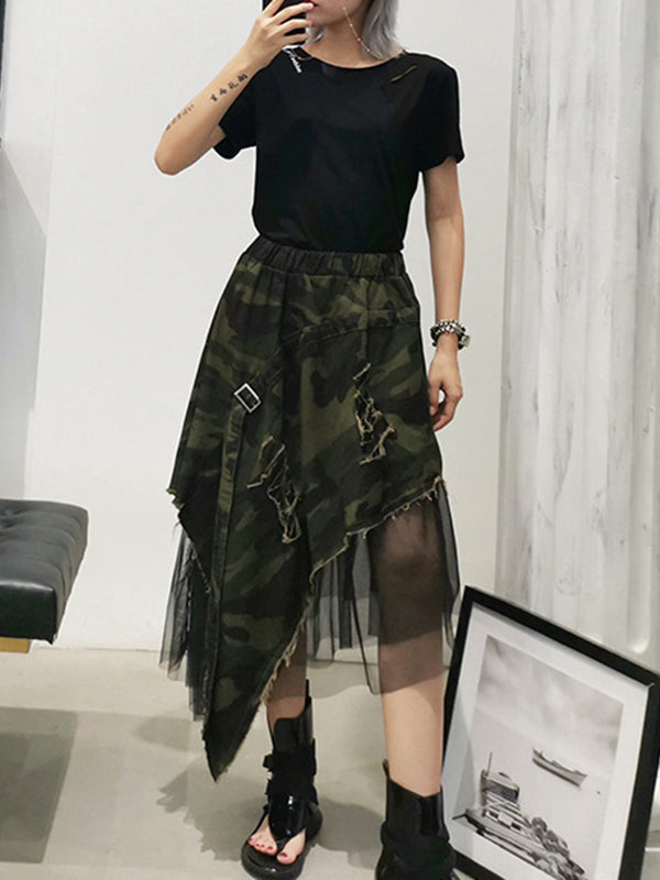 Asymmetric Camouflage Elasticity Fringed Mesh Split-Joint A-Line Loose Skirts Bottoms