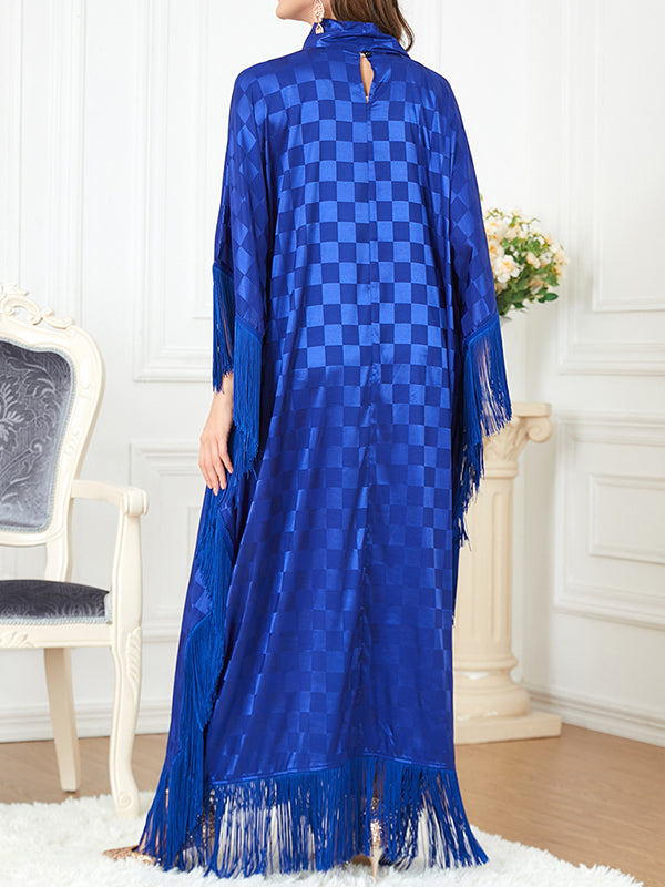 Plaid Ribbon Tasseled A-Line Batwing Sleeves Maxi Dresses