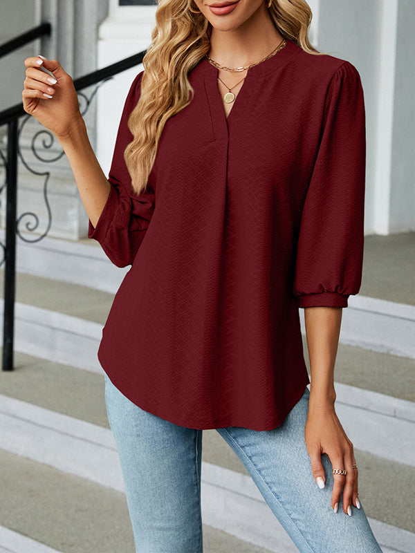 Jacquard Pleated Solid Color Split-Joint Loose Puff Sleeves V-Neck T-Shirts Tops