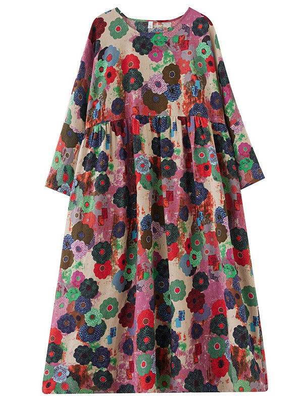 Flower Print Pockets Split-Joint Long Sleeves Loose Round-Neck Midi Dresses