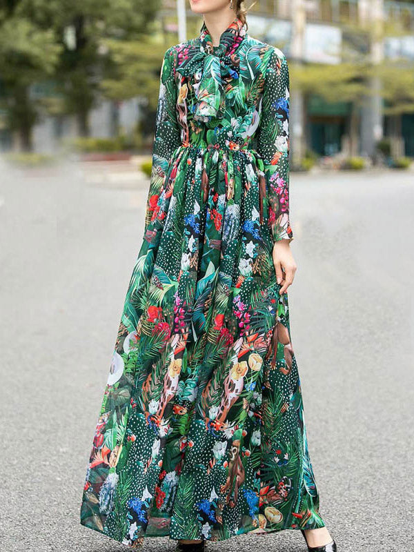 Bowknot Elasticity Flower Print Zipper High Waisted Long Sleeves Round-neck Maxi Dresses