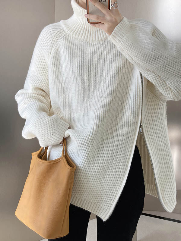 Split-Joint Split-Side Zipper Long Sleeves Loose High Neck Sweater Tops
