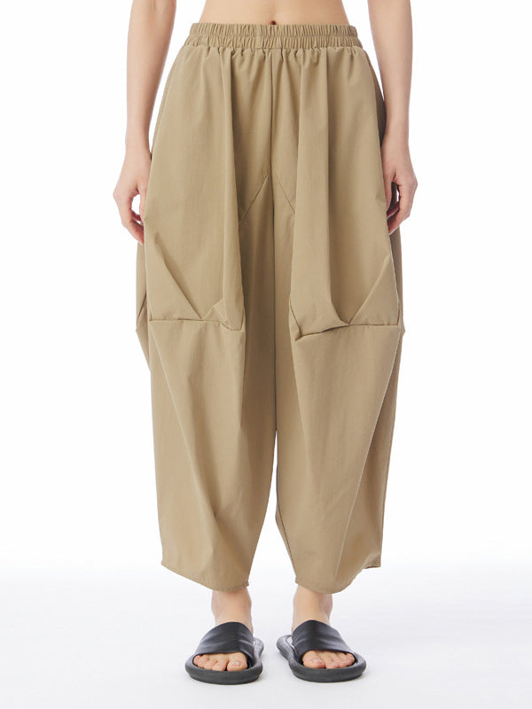 Elasticity Pleated Solid Color Split-Joint Harem Pants Loose Pants Cropped Trousers