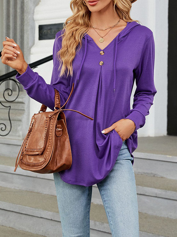 Buttoned Drawstring Hooded Solid Color Long Sleeves Loose V-Neck T-Shirts Tops