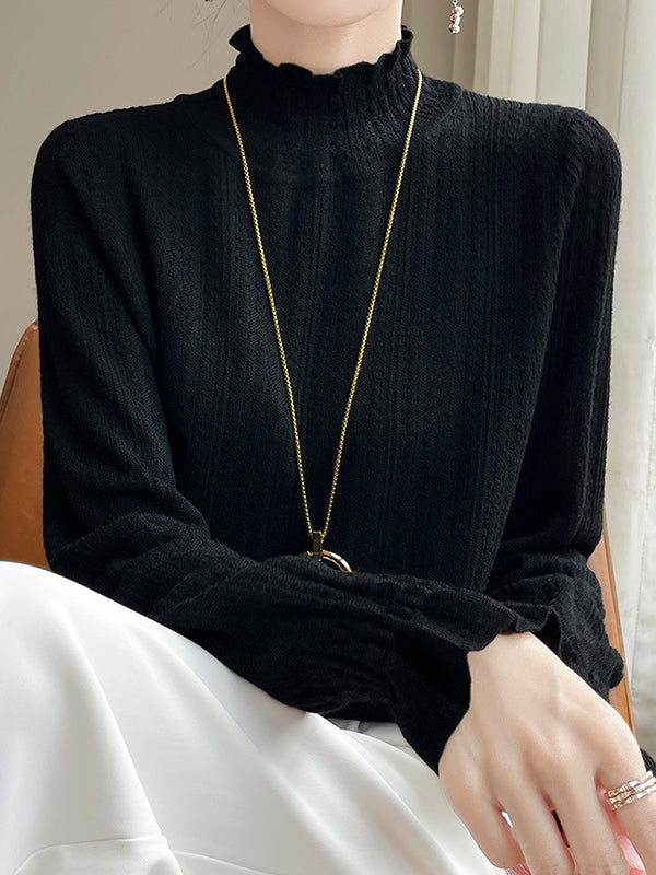 Elasticity Ruffle Trim Solid Color Long Sleeves Loose Mock Neck T-Shirts Tops