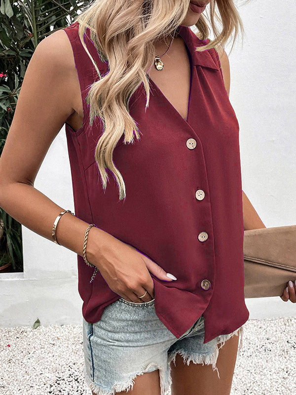 Buttoned Solid Color Split-Joint Loose Sleeveless V-neck Vest Top