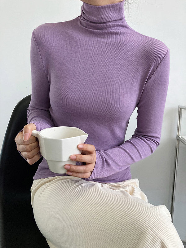 Simple 6 Colors Heaps Collar Long Sleeves Knitting T-Shirt Top