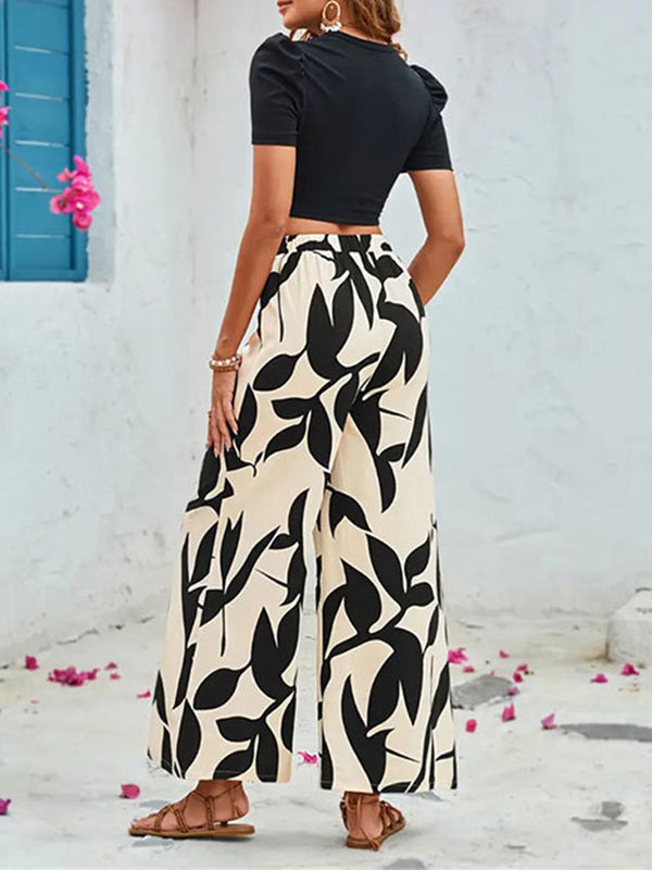 Split-Joint Round-Neck Skinny Short Sleeves Shirt Tops + Loose Printed Pants Trousers Two Pieces Set