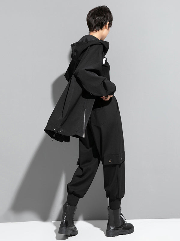 Irregularity Loose Solid Color Zipper Hooded Outerwear