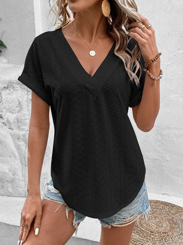 Hollow Solid Color Split-Joint Loose Short Sleeves V-Neck T-Shirts