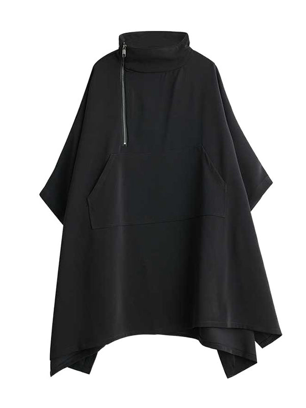 Buttoned Pockets Solid Color Zipper Batwing Sleeves Loose Mock Neck Sweatshirt Tops