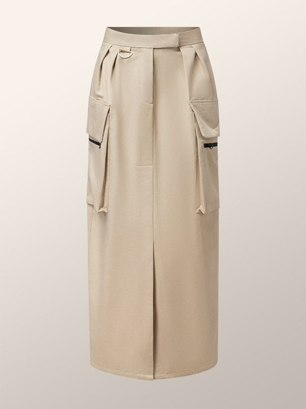 Pleated Pockets Solid Color Split-Front Split-Joint Zipper High Waisted Loose Skirts Bottoms
