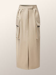 Pleated Pockets Solid Color Split-Front Split-Joint Zipper High Waisted Loose Skirts Bottoms