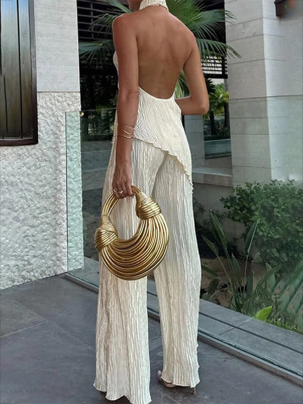 Pleated Solid Color Wide Leg Trousers Pants