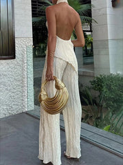 Pleated Solid Color Wide Leg Trousers Pants