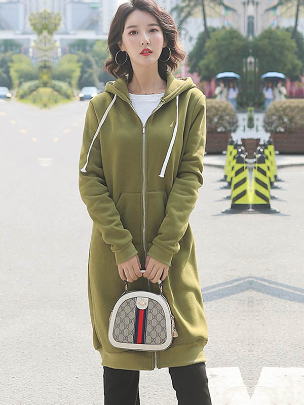 4Colors Drawstring Hooded Split-Joint Pocket Solid Color Zipper Outerwear