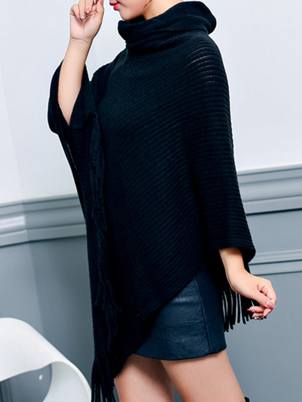 Asymmetric Keep Warm Solid Color Tasseled Loose High Neck Shawl&Cloak Cape