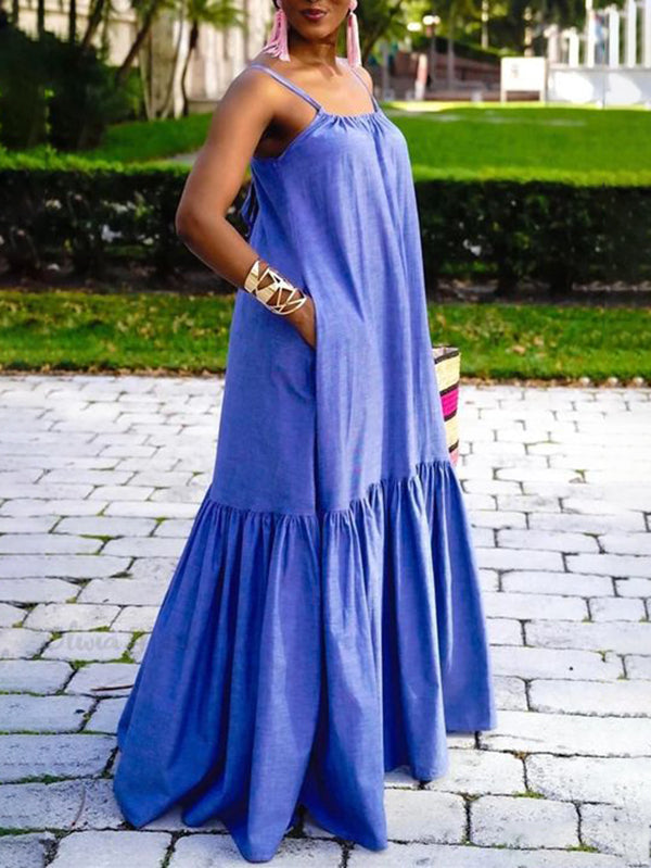 Pleated Pockets Solid Color Split-Joint A-Line Loose Asymmetric Collar Maxi Dresses