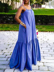 Pleated Pockets Solid Color Split-Joint A-Line Loose Asymmetric Collar Maxi Dresses