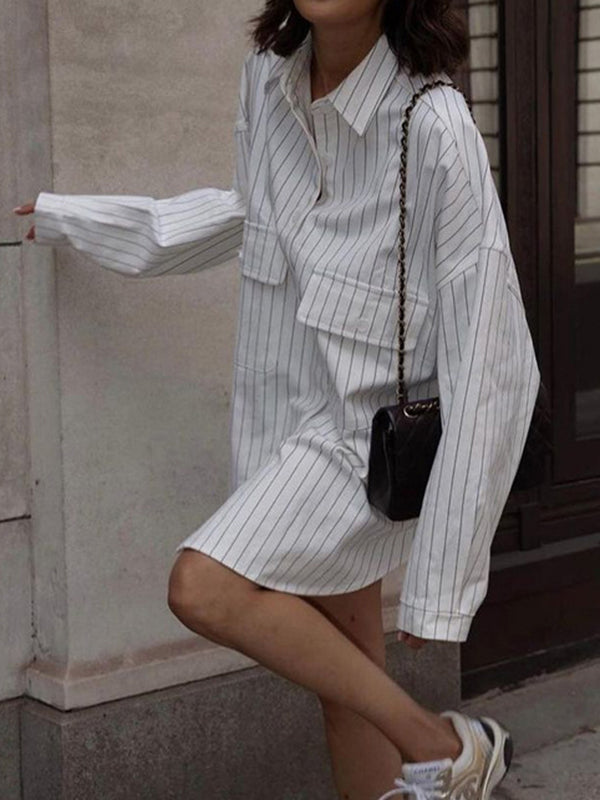 Split-Joint Striped Irregular Clipping Long Sleeves Lapel Blouses