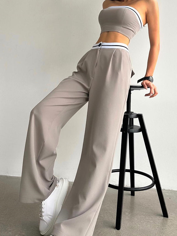 Sleeveless Contrast Color Tube Tube Top + High Waisted Buttoned Pleated Pants Bottom Two Pieces Set
