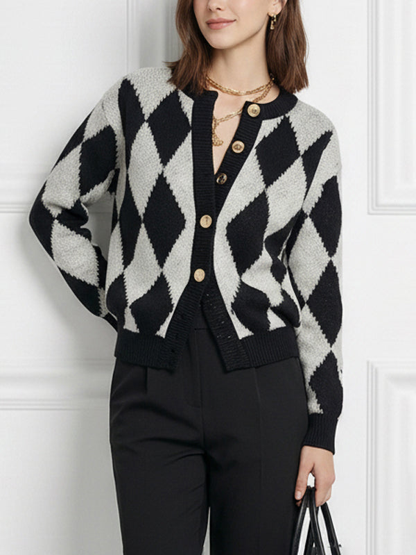 Buttoned Plaid Long Sleeves Round-Neck Cardigan Tops