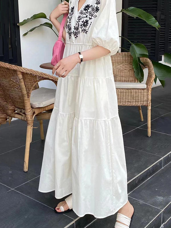 Embroidered Pleated Bishop Sleeve Loose V-neck Midi Dresses