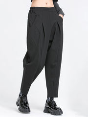Simple Casual Split-Joint Pleats Black Harem Pants