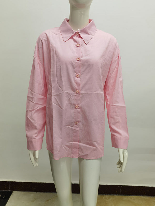 Buttoned Solid Color Long Sleeves Loose Lapel Blouses&Shirts Tops