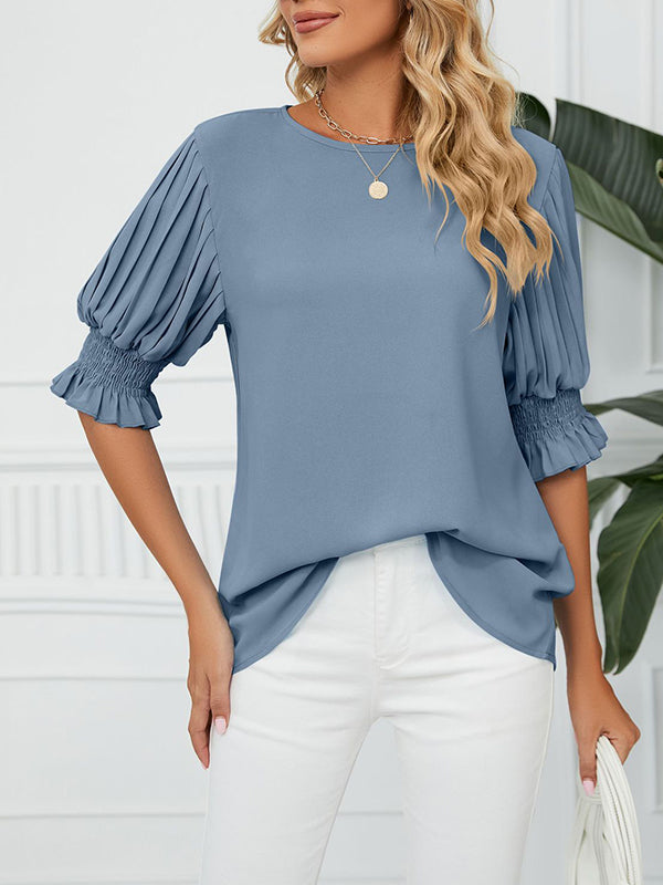 Pleated Solid Color Loose Puff Sleeves Round-Neck T-Shirts Tops