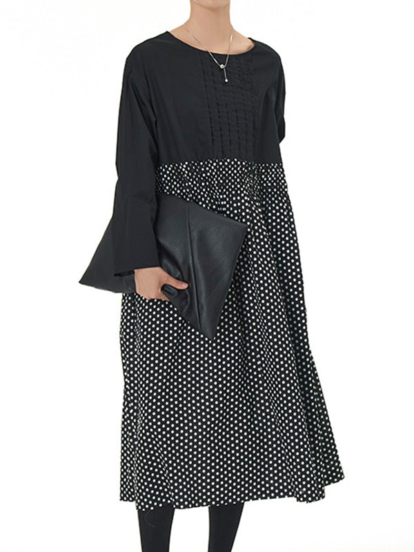 Contrast Color Elasticity Pleated Polka-Dot Split-Joint Long Sleeves Loose Round-Neck Midi Dresses