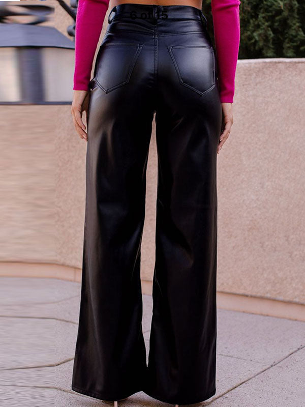 Solid Color Split-Joint High Waisted Straight Leg Trousers Pants