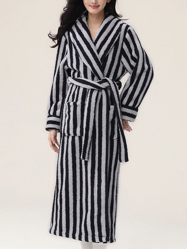 Split-Joint Striped Tied Waist Long Sleeves Loose Lapel Robes