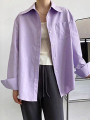 Buttoned Pockets Solid Color Long Sleeves Loose Lapel Blouses&Shirts Tops