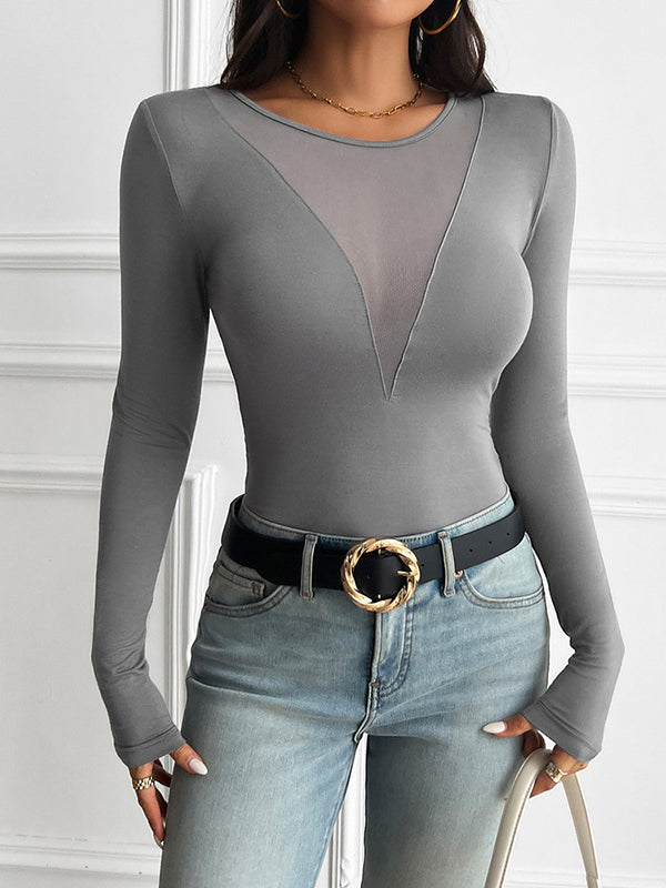 See-Through Solid Color Long Sleeves Skinny Deep V-Neck T-Shirts Tops