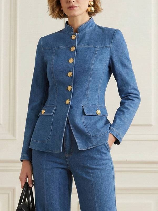 Buttoned Pockets Solid Color Long Sleeves Stand Collar Outerwear